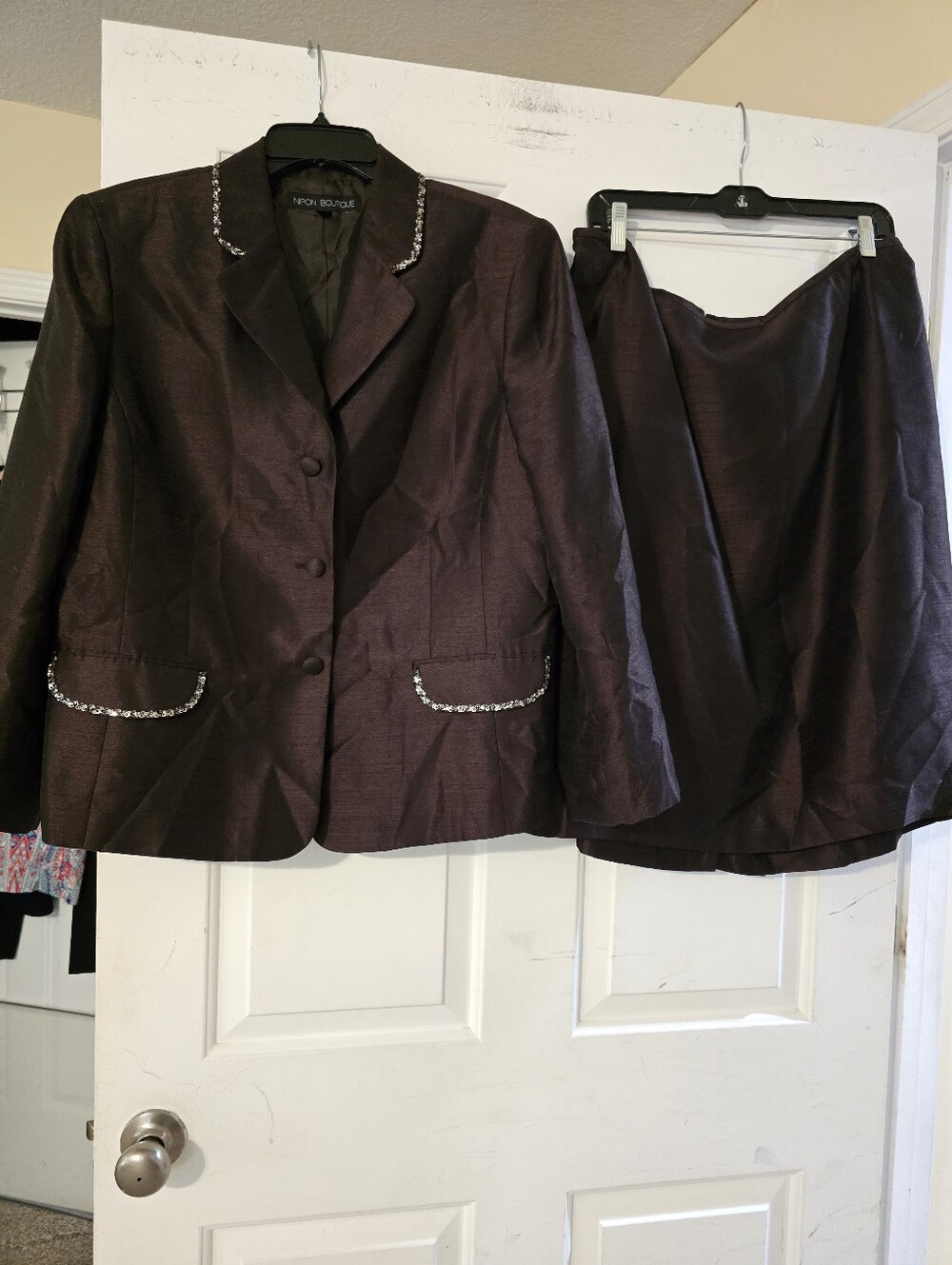 Nina Leonard Shimmery Plum/Burgundy Beaded Two-Piece Skirt Suit